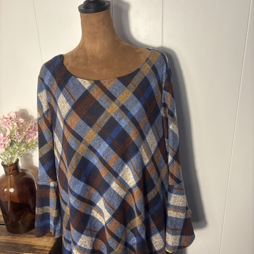 JH Plaid Ruffle 3/4 Sleeve Plaid Lined Dress Women's Sz 3X Fall Colors Boho New